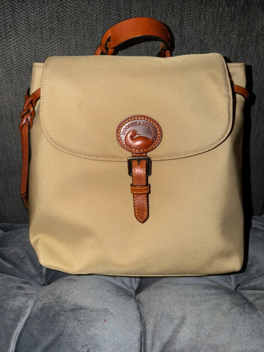 Dooney & Bourke Cream Canvas Backpack with Brown Leather Trim